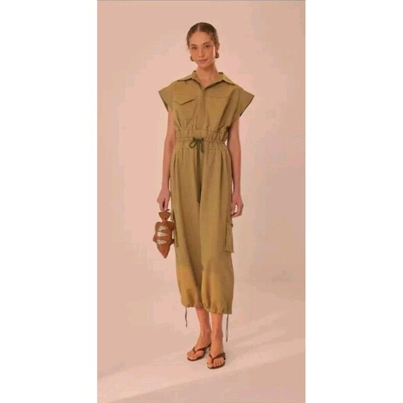 FARM RIO Olive Green Cotton Utility Camp Harem Drawstring Pants Jumpsuit XL - Picture 2 of 14